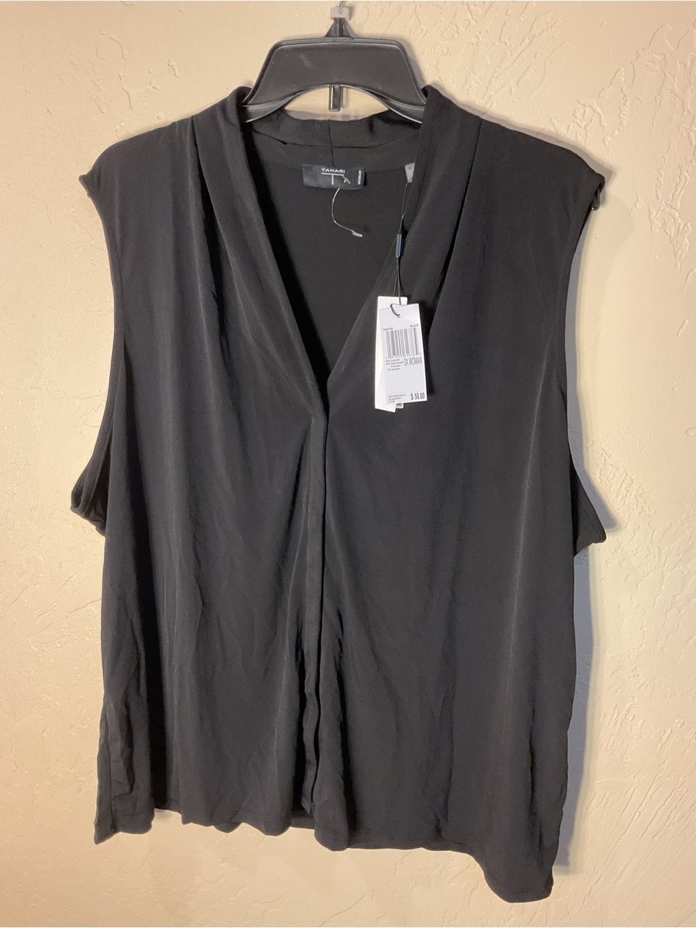 Tahari Black V-Neck Draped Sleeveless Top 3X